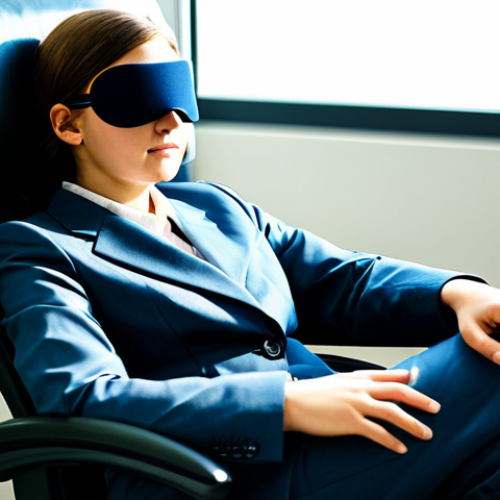 Home 6 A professional young woman in a modest business suit, fully clothed, gently resting in a comfortable, ergonomic office chair within a quiet, dimly lit modern office area. She has her eyes closed, wearing a sleek sleep mask, conveying a moment of peaceful rejuvenation during a short power nap. The scene is captured with soft, diffused lighting. Professional photography, high quality, realistic, natural pose, perfect anatomy, correct proportions, well-formed hands, proper finger count, natural body proportions, safe for work, appropriate content, modest clothing, family-friendly.