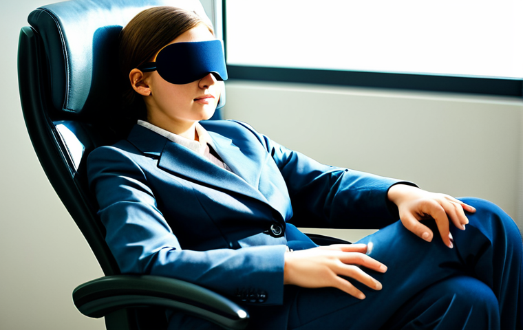 A professional young woman in a modest business suit, fully clothed, gently resting in a comfortable, ergonomic office chair within a quiet, dimly lit modern office area. She has her eyes closed, wearing a sleek sleep mask, conveying a moment of peaceful rejuvenation during a short power nap. The scene is captured with soft, diffused lighting. Professional photography, high quality, realistic, natural pose, perfect anatomy, correct proportions, well-formed hands, proper finger count, natural body proportions, safe for work, appropriate content, modest clothing, family-friendly.
