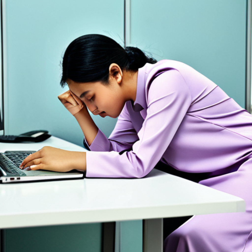 **Image Prompt:** A Malaysian woman in a modest baju kurung, taking a short nap at her desk during her lunch break in a bright, modern office in Kuala Lumpur. She is fully clothed. Safe for work. Perfect anatomy, correct proportions, natural pose, professional photography, high quality, appropriate content, family-friendly.