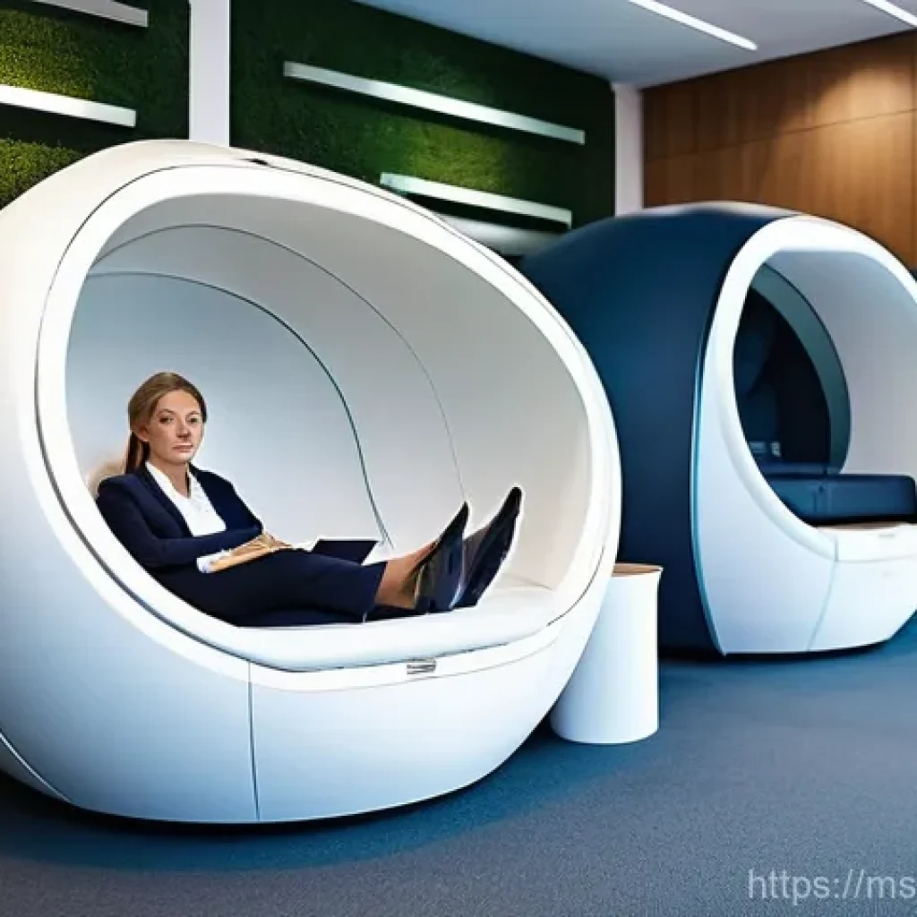 낮잠의 사회적 수용성 증가 - **Modern Office Power Nap Pod:** A brightly lit, sleek, and futuristic "nap pod" in a contemporary o...