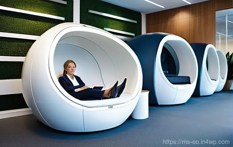 낮잠의 사회적 수용성 증가 - **Modern Office Power Nap Pod:** A brightly lit, sleek, and futuristic "nap pod" in a contemporary o...