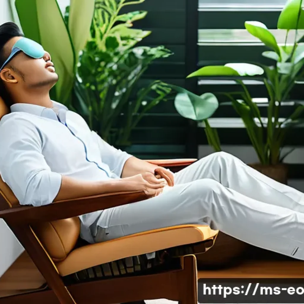 낮잠의 긍정적인 피드백 루프 - A serene office nap room in a modern Malaysian workplace, featuring a young professional Malay man w...