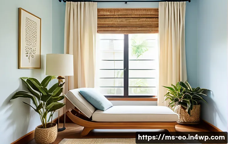 낮잠을 위한 편안한 공간 조성 - A serene Malay-style nap room bathed in soft natural sunlight filtering through thin white curtains,...