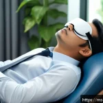 Home 16 낮잠과 스트레스 감소 - A peaceful office nap scene featuring a Malay professional in casual business attire wearing ergonom...