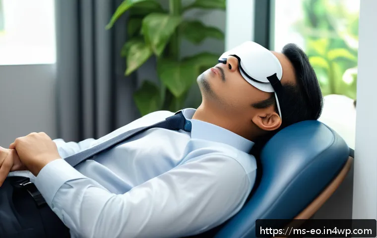 낮잠과 스트레스 감소 - A peaceful office nap scene featuring a Malay professional in casual business attire wearing ergonom...