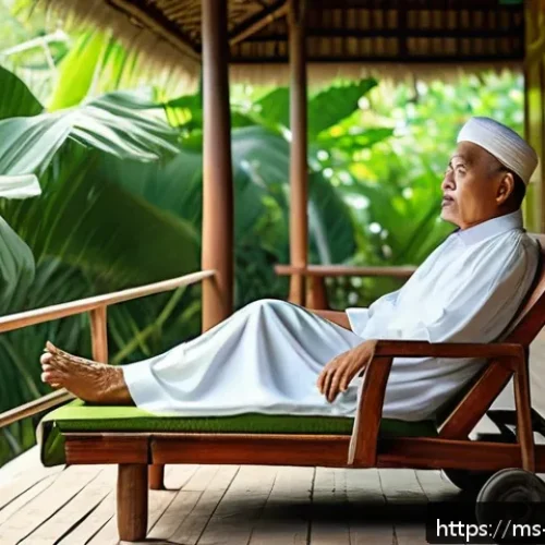Home 15 낮잠의 역사와 문화적 배경 - A serene Malay traditional village scene during midday, showing a middle-aged Malay man taking a sie...