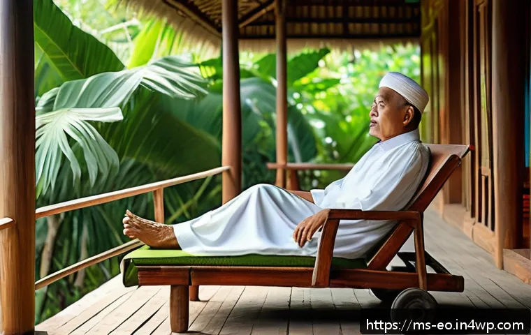낮잠의 역사와 문화적 배경 - A serene Malay traditional village scene during midday, showing a middle-aged Malay man taking a sie...